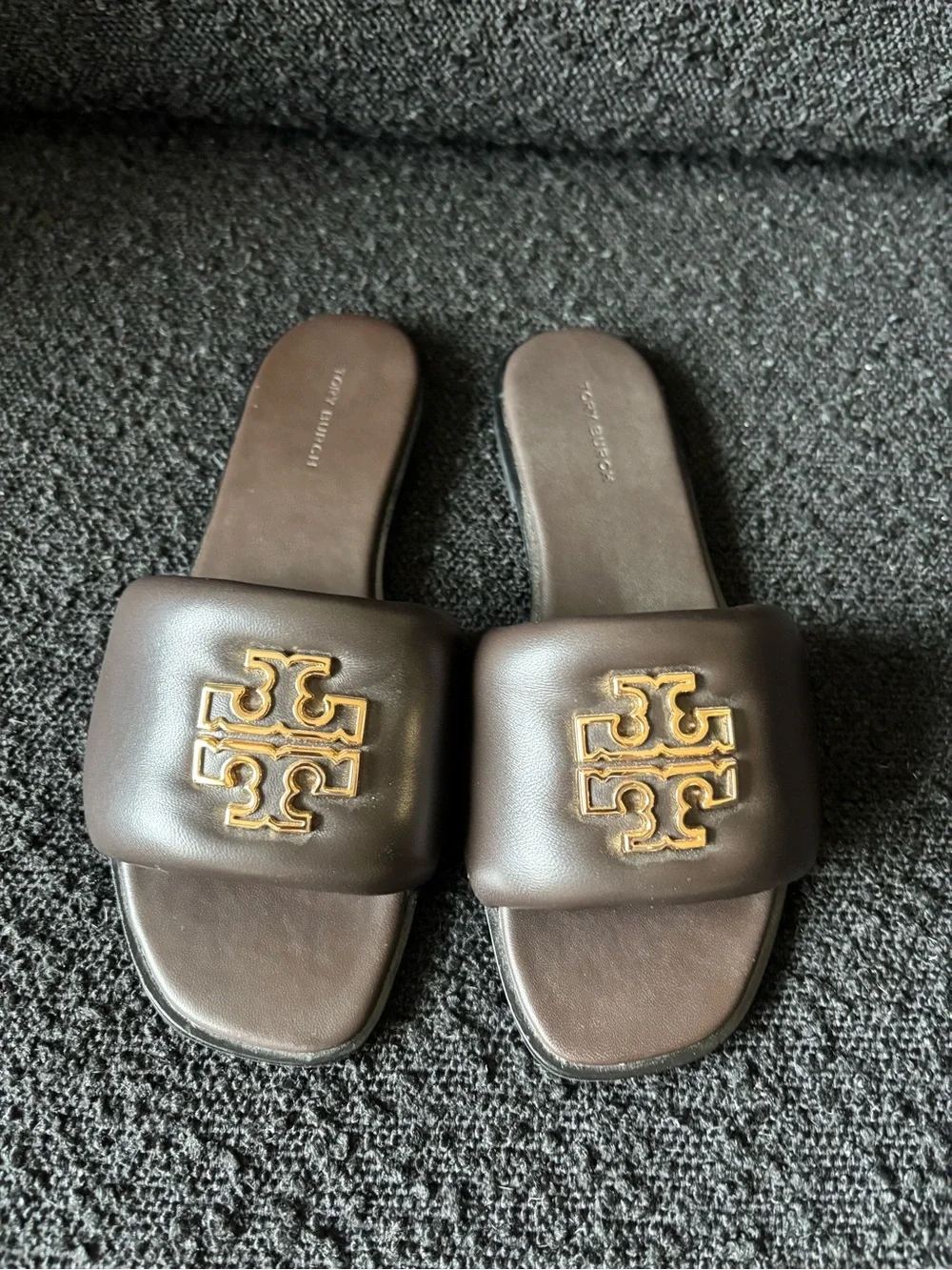 Tory Burch Dark Mahogany Britten Puffy Slide with Gold Emblem